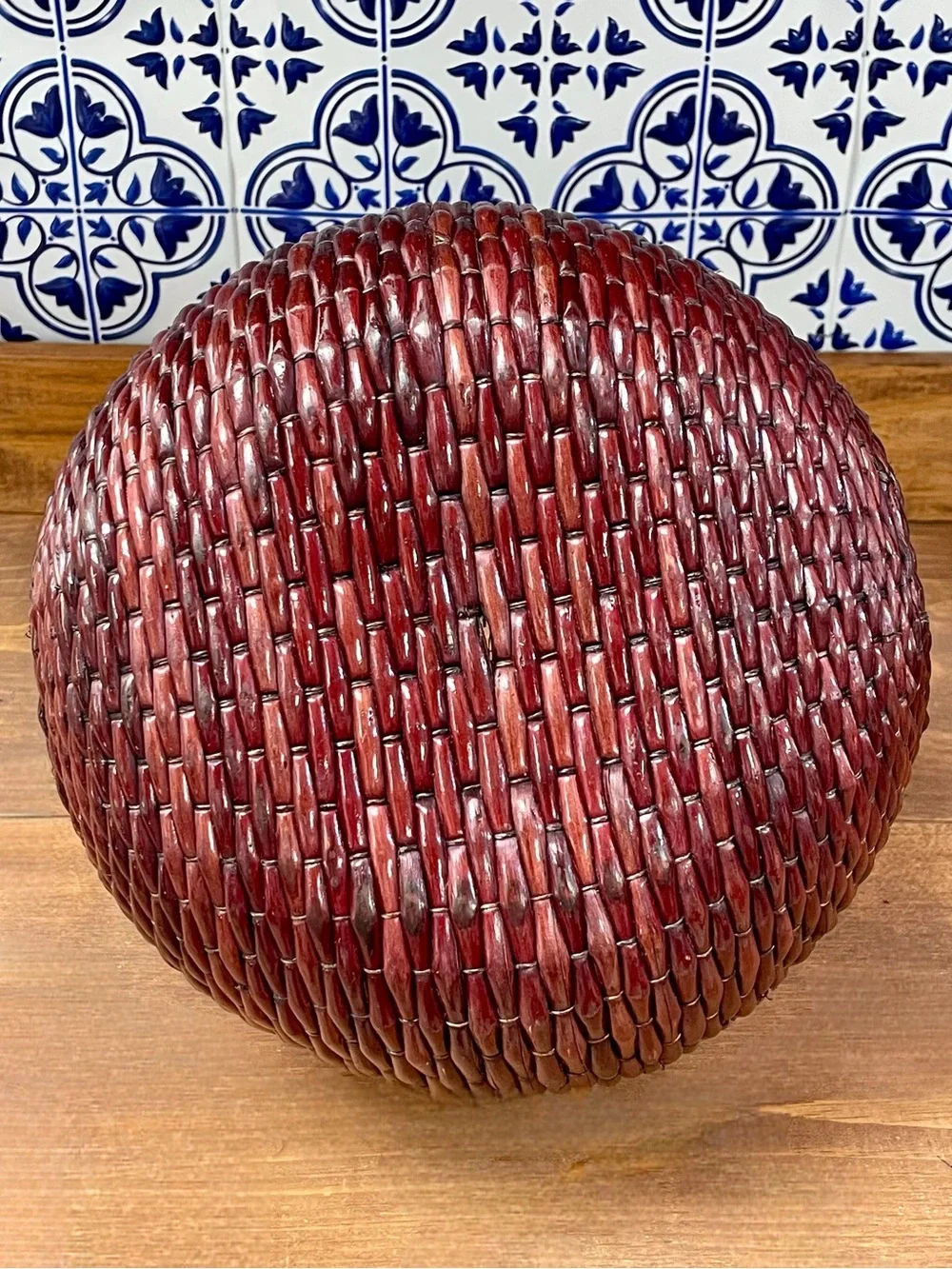 Vintage Chinese Lacquered Woven Harvest Basket Wooden Handle Asian Rustic Decor